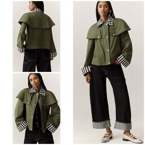 NWT Anthropologie Avec Les Filles Gingham Plaid Trim Cape Green Utility Jacket